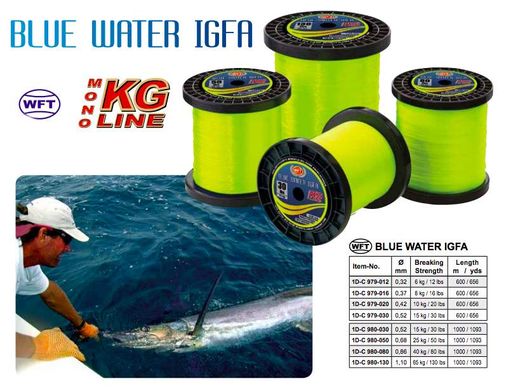 Волосінь WFT BLUE WATER IGFA 0.42mm 20lbs 600m колір Light Green, 20 LB, 0.42 мм